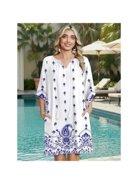 Women’s White and Blue Boho Beach Dress Tassel Tie V-Neck Cover Up with Pockets